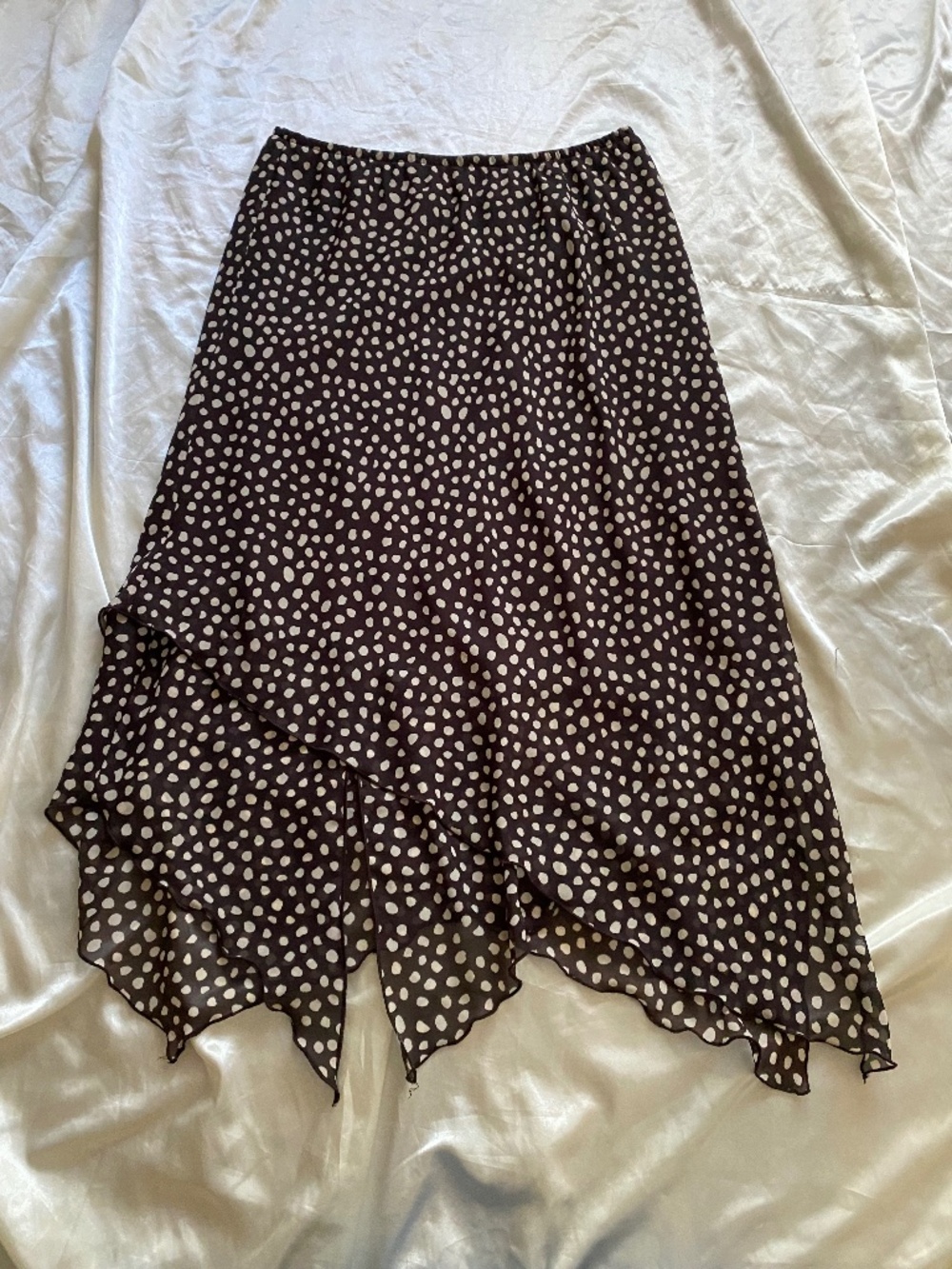 Vintage y2k Brown Cream Polka Dot Asymmetrical Handkercheif Midi Skirt 12